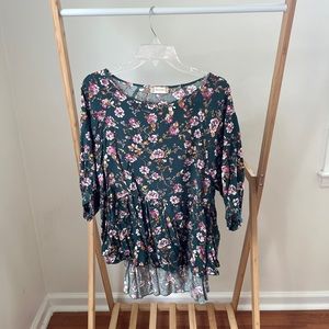 Dark Green Floral High-Low Peplum Top